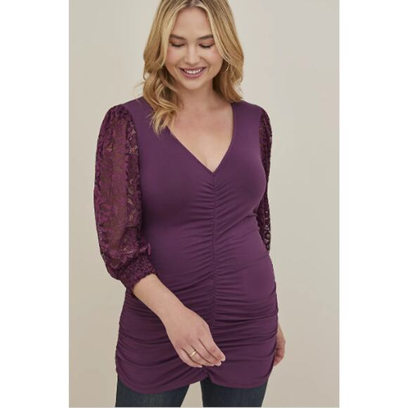 TORRID SIZE 1 LACE V-NECK RUCHED FRONT LONG SLEEVE TOP SIZE 14-16, 1X - Picture 2 of 5